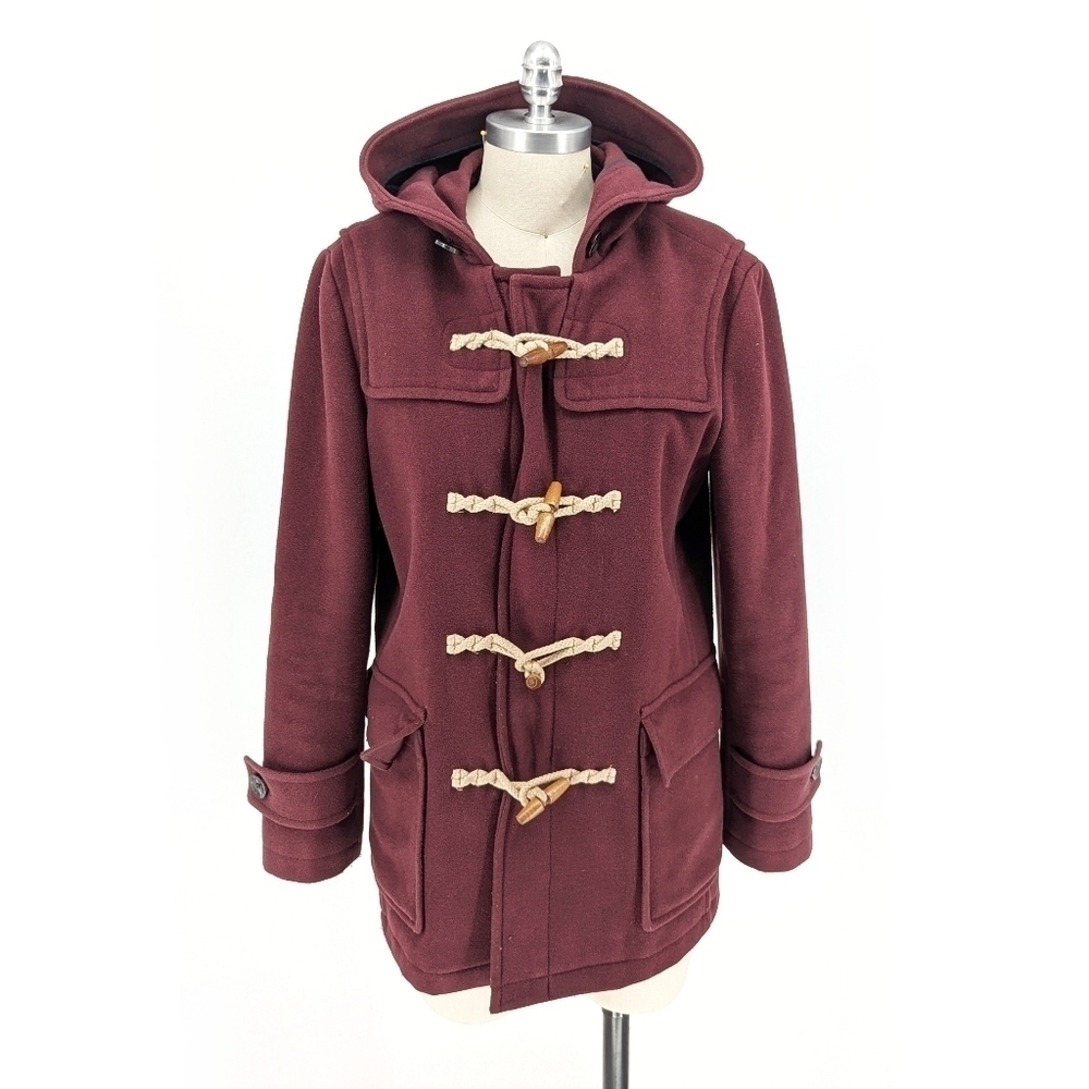 SPAO Toggle Hooded Wool Pea Coat Maroon M classic winter preppy travel outdoors